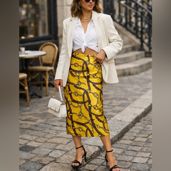 los angeles Dresses & Skirts - Yellow Equestrian Chain Print Satin Midi Skirt